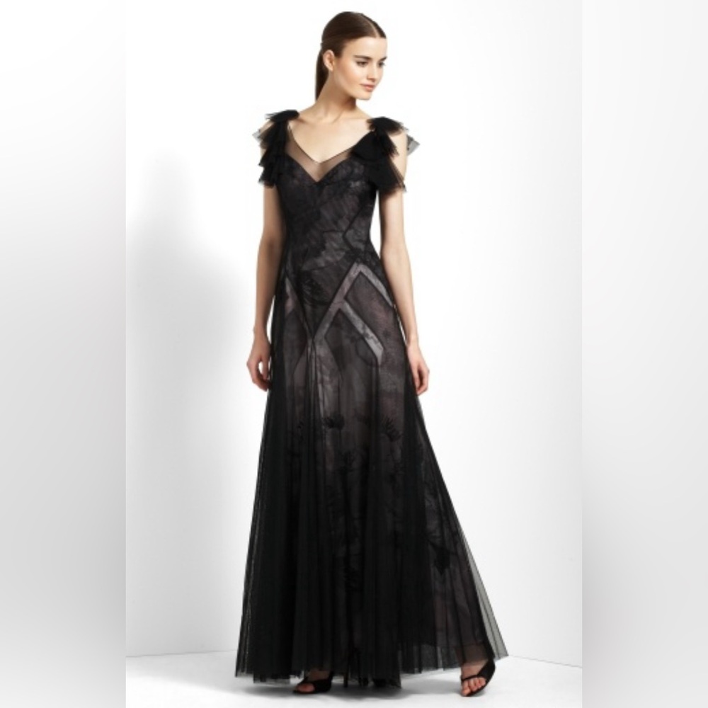 NEW BCBGMAXAZRIA Maggie Tulle Black Ruffled Sleeveless Formal Gown